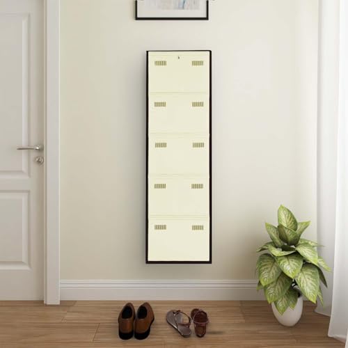 Image of Metal Shoe Rack Wall Mounted for Home with Central Locking 5 Door 20 inch Wall Mounted Metal 10 Pair Shoe Rack Cabinet Pre-Assembled Rack Shelves |3 Year Warranty (Brown & Ivory)