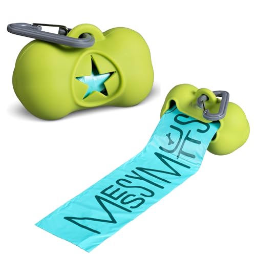 Image of Messy Mutts Silicone Dog Waste Bag Holder | Dog Poop Bag Dispenser with Carabiner and Bags | Unscented Roll Included - 15 bags| Leash Essential |(Green)