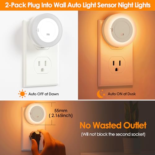 Image of 2-Pack LED Night Lights Plug in Dimmable with Sensor 2200K Amber White | Nightlight Plug Into Wall Adjustable for Adults Bedroom Bathroom Living Room Kitchen