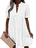 Imily Bela Womens Summer Lace Dresses Eyelet Babydoll Short Sleeve V Neck Tunic Dress White