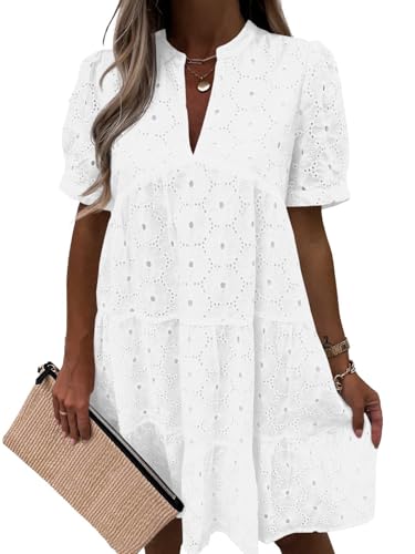 Imily Bela Womens Summer Lace Dresses Eyelet Casual Flowy Babydoll Swing Short Sleeve V Neck Tunic Dress