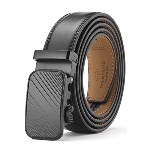 Marino Men’s Genuine Leather Ratchet Dress Belt With Automatic Buckle, Enclosed in an Elegant Gift Box - Modern Striped - Deep Charcoal - Adjustable from 38