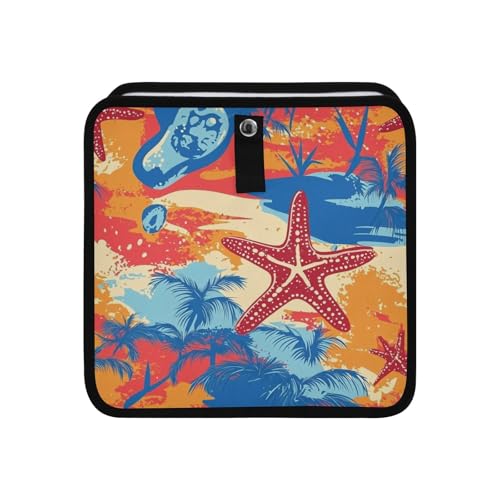 Image of Car Trash Can Organizer Bin with Adjustable Strap for Back Front Seat Console Waterproof Leakproof Collapsible Portable 11 Inch Bright Summer Beach Starfish and Palm Tree