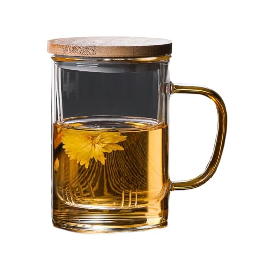 Vlwm ィー 茶こし付きティーマグ 耐熱ガラス ティーカップ コーヒーカップ 耐熱温度差170度 木製蓋付 取手付き 食洗機対応 仕事中水分補給 生日記念日お祝い 満水容量 400ml (E)