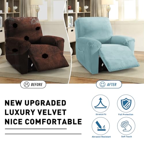 Image of ZNSAYOTX 2026 Velvet Oversized Recliner Cover 3-Piece, Luxury Plush Recliner Chair Covers with Elastic Band & Ties Stay in Place, Stretch Reclining Slipcover for Lazy Boy Soft Washable (Stone Blue)