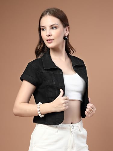 Image of Style Quotient Women Navy Blue Denim Open Front Regular Shrug
