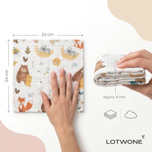Image of 6 Layer Muslin Cotton Baby Wash Cloths Pack of 5, 25x25 cm | Soft Baby Face Towels for Newborns | Absorbent Reusable Burp Cloths, Feeding Wipes & Baby Napkins