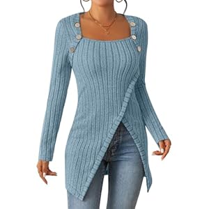 Womens Lightweight Asymmetrical Sweaters Long Sleeve Shirts Casual Fall Button Decor Tunic Tops