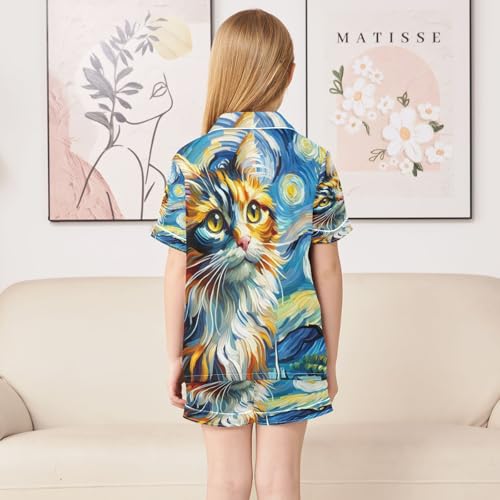 ALAZA Van Gogh Cat Kitten Watercolor Satin Pajamas Set Short Sleeve Button Down Sleepwear Summer Pjs 2 Piece4