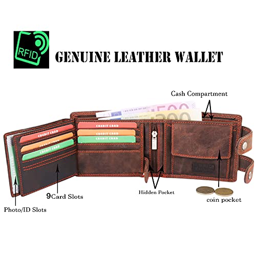 MORUCHA RFID Blocking Men's Biker Wallet Genuine Distressed Hunter Leather Purse with Detachable 45cm Metal Safety Chain M100 (Dark Brown)4