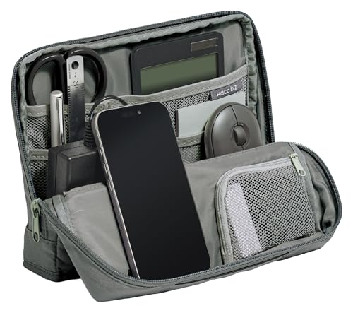 Image of KOKUYO Pencil Case Pouch, Haco-Biz Standing Pen Pouch Bag, Foldable Stand up Pencil Holder Organizer, Large Capacity Portable Pencil Box for Office Supplies, Gray