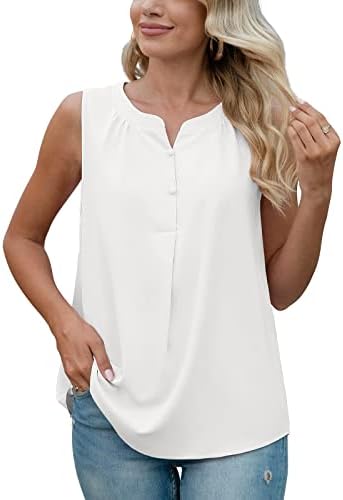 QUEZHU Sleeveless Blouses for Women Summer Casual V Neck Chiffon Tank Tops Loose Flowy Business Blouse,White,Medium
