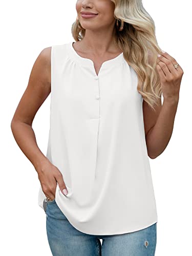 Quezhu Sleeveless Blouses For Women Summer Casual V Neck Chiffon Tank Tops Loose Flowy Business Blouse,White,Medium #TOP3