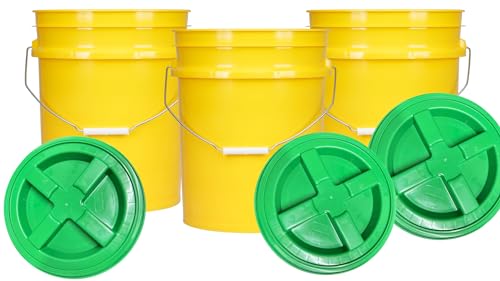 House Naturals 5 Gallon Plastic Yellow Food Grade BPA Free Made in USA Bucket Pail with Air Tight Double Gasket Screw on Lid(Pack of 3) (Yellow and Green lids)