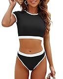 Jolefille Womens High Neck Swimsuit Ribbed Cheeky Bikini Sets High Cut 2 Piece Bathing Suit Crop Top Color Block Teens