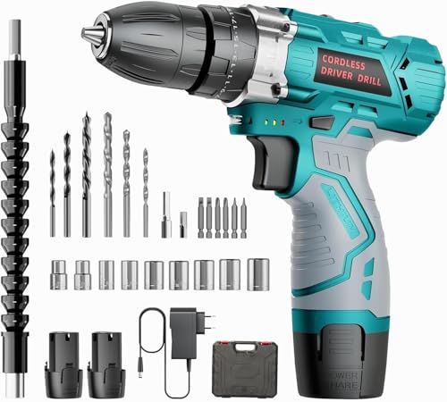 12V Akkuschrauber Set für Einsteiger & Frauen, 25 Nm Drehmoment, 2×2000mAh Akku, 25+3 Drehmomentstufen, 24-tlg Zubehör & Tragetasche – Ideal für Haushalt, DIY-Projekte & Möbelmontage
