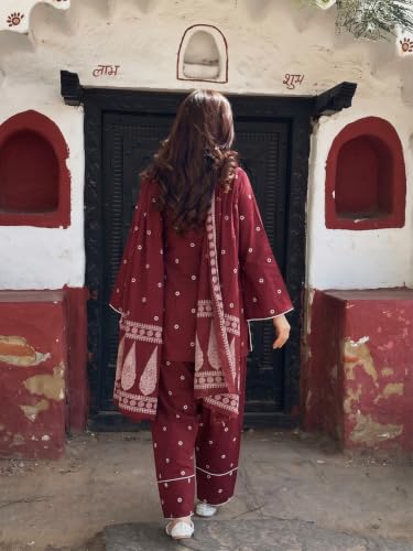 Image of ANNI DESIGNER Farshi Salwar Suit for Women | Cotton Blend Printed Straight Kurta with Dupatta | Farsi Farasi Parsi Ethnic Indian Office Party Wedding Clothing Fashion Premium Traditional Look 3 Piece