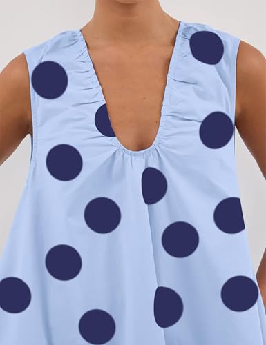 Image of Women Polka Dot Babydoll Mini Dress Scoop Neck Ruched Short Dresses Party Tank Dress with Pockets(Blue L)