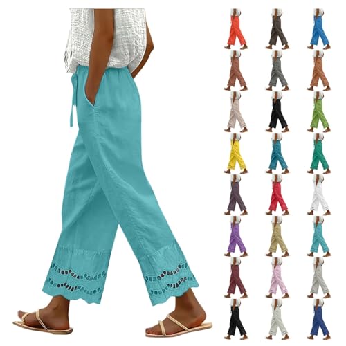 Womens Dress Pants Boho Hollow Out Long Linen Gauze Wide Leg Pants Summer Beach Drawstring Pull on Flowy Slacks