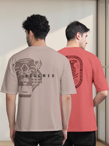 Image of BULLMER Trendy Front and Back Printed Oversized Round Neck T-Shirt for Men - Pack of 2