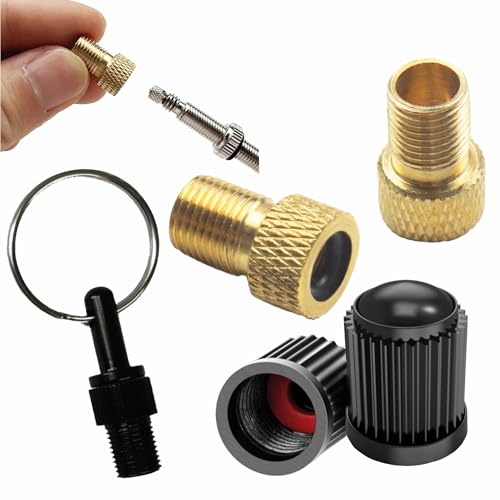 Pitlane Performance® Adaptador de válvula para Bicicleta – Set de 5 Piezas de latón para válvulas Presta – 2 adaptadores Presta a Schrader + 2 Tapas de válvula + Llavero para Bici, e-Bike y Patinete