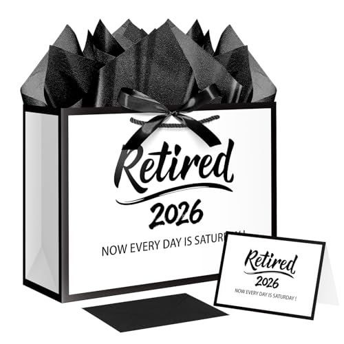 JWSCYSY 12.6 Retired 2026 Gift Bag with Tissue Paper White and Metallic Black Retirement Gift Bag with Greeting Card for Men Women Retirement Party Decorations Supplies.