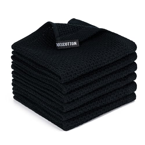 BOOMIBOO 6-Pack Kitchen Dish Cloths, 100% Cotton Waffle Weave, Ultra Soft Absorbent, Quick Drying Dish Towels, 12x12 Inches, Black