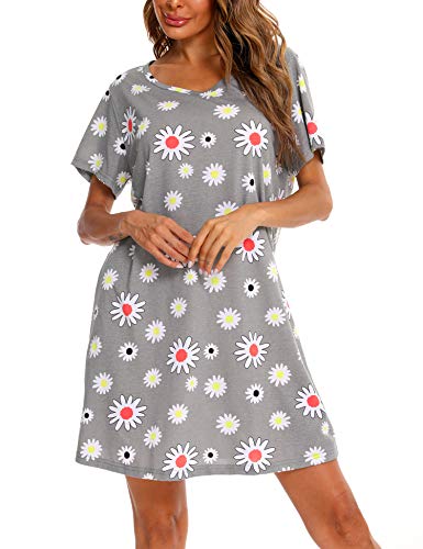 Enjoynight Womens Cotton Sleepwear Short Sleeves Print Sleepshirt Sleep Tee (Grey Flower, 2X-3X) #TOP2