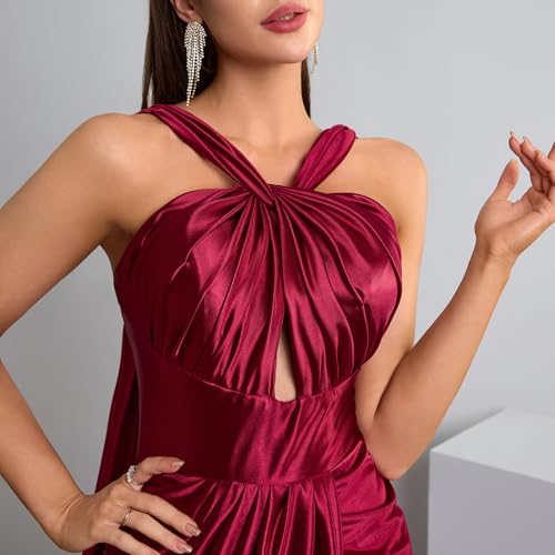 Satin Cross Neck Pleated Sleeveless Long Dress Wedding Guest Formal Evening Gown3