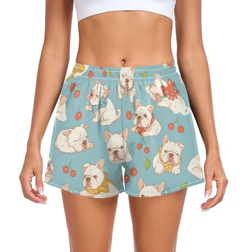 Cartoon Cute White Bulldog Cherry Women's Athletic Shorts Ouick Dry Teens Sport Shorts for Running Walking Workout Beach Lounge Short para DAMA L