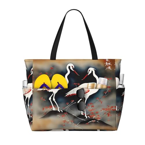 ZHAOLQ Dos grúas japonesas volando pintura tradicional impresión unisex gran capacidad playa bolsa de viaje vacaciones picnic deporte bolsa portátil gimnasio bolsa, negro, talla única, Negro, One Size