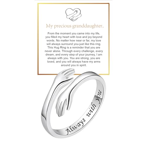 Granddaughter Hug Ring For Hope Rings Stainless Steel Motivation Hugging Hands Open Engraved Always With You Message Adjustable Non Tarnish Jewelry Birthday Gift Card (Always(Granddaughter))