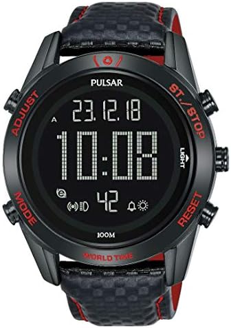 Pulsar Mens M Sport Digital World Timer Quartz Watch with Leather Strap P5A039X1