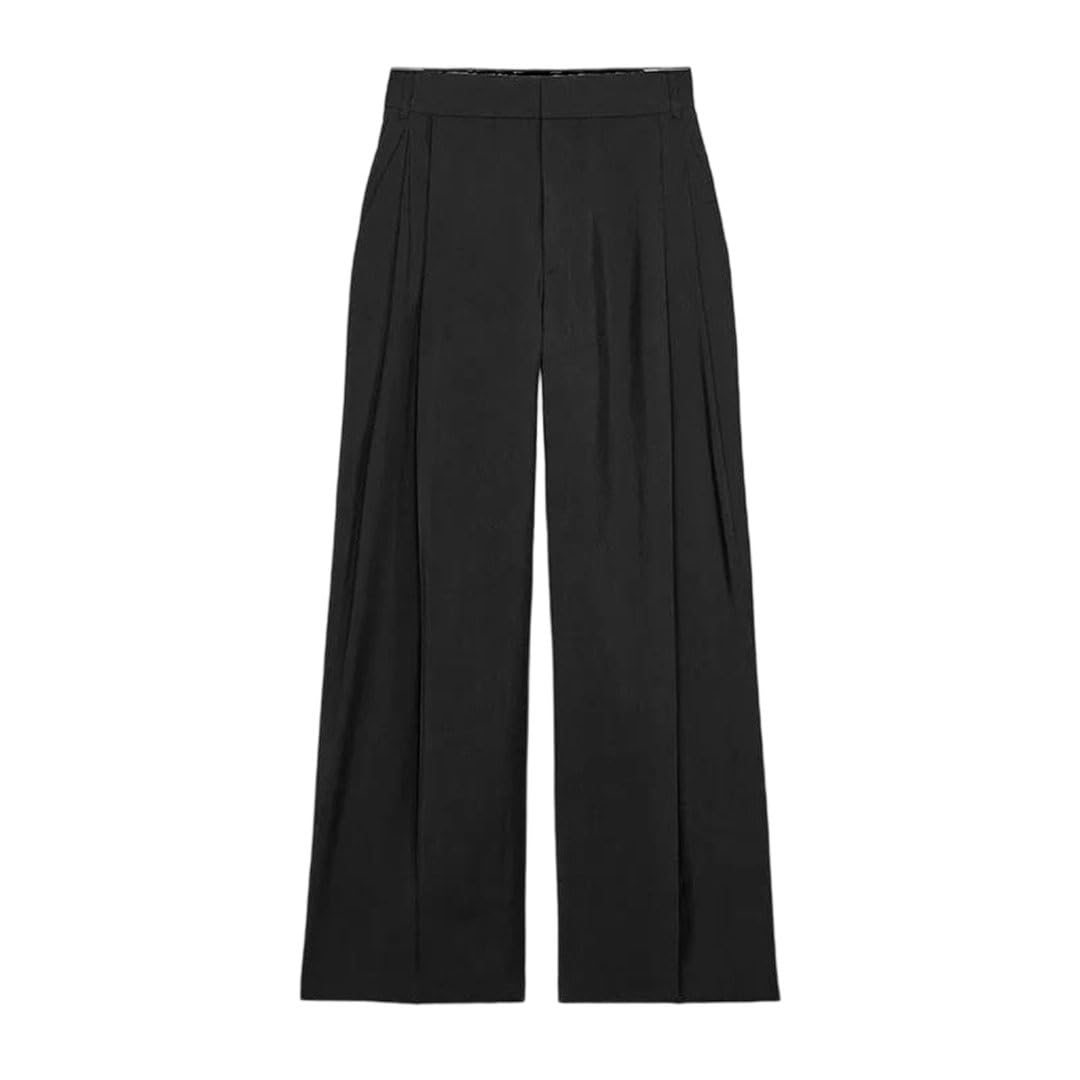 Womens Solid Mid-High-Waisted Zipper-Pocket Loose Commuter-Style Wide-Leg Pants
