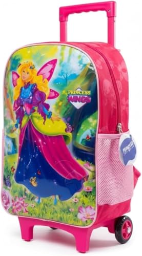 Princess Wings Mochila Infantil com Rodinhas, 40x30x14.5cm, Rosa, Estampa de Fada, para Meninas, 17L, Alça Retrátil, Estampa de Princesa e Borboletas, para Escola e Viagem