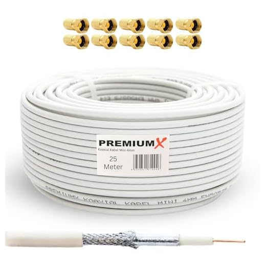Premium X 25m Mini-Koaxialkabel 4mm (Weiß) Set inkl. 10 Stecker - Extra dünn & flexibel - 2-Fach geschirmt für Sat, DVB-T2, Kabel-TV - Ultra HD 4K