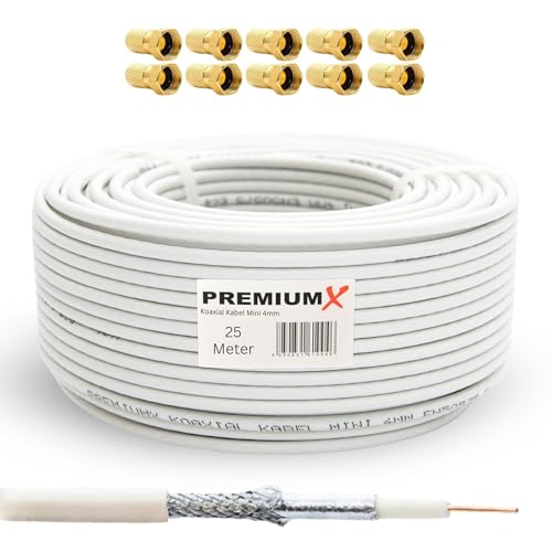 Premium X 25m Mini-Koaxialkabel 4mm (Weiß) Set inkl. 10 Stecker - Extra dünn & flexibel - 2-Fach geschirmt für Sat, DVB-T2, Kabel-TV - Ultra HD 4K