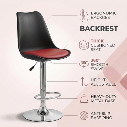 Image of RW Rapid Bar Stool Chair with Height Adjustable Design, Padded Seat & Footrest | Modern Metal Counter Stool for Kitchen, Home, Bar & Cafe Seating | Durable Comfort Chair| (Black & Red, Set of 1)