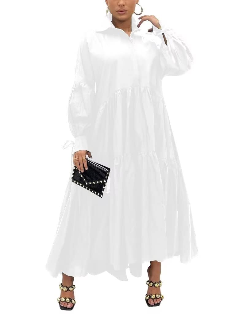 Women's Elegant Long Sleeve Button Down Loose Shirt Dress Long Maxi Pleated Dress White XL