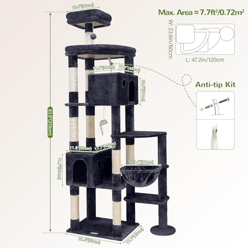 Image of Globlazer Giant Cat Tree for Indoor Large Cats, 83in, F83, Dark Grey | XXL Cat Tower with 9 Scratching Posts for 20lb+ Heavy Duty Large Adult Cats