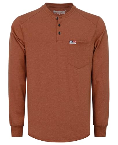 Image of BOCOMAL FR Shirts for Men Long Sleeve EX Soft Flame Resistant Henley CAT2 | NFPA2112 6oz Midweight Cotton Knit Heather Series,Moisture-Wicking /Breathable,Chest Pocket,Rib-Knit Cuffs,Summer Work T Shirt