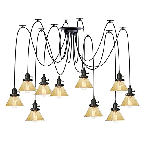 Lustre industriel en verre ambré de haute qualité avec suspension réglable noire