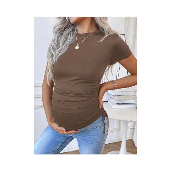 SweatyRocks Women's Maternity Shirts Drawstring Ruched Short Sleeve Crewneck Maternity Tees Tops - Image 5