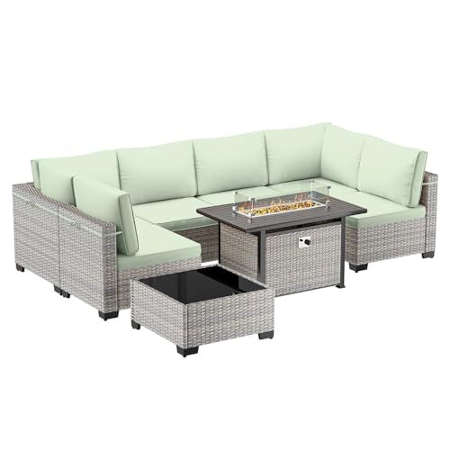 Image of Outdoor PE Wicker Rattan Modular Patio Sectional Sofa Set | 8-Piece: 6 Modular Seats, Coffee Table & 55,000 BTU Fire Pit Table, Light Green