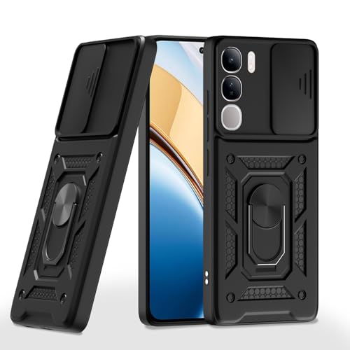 Image of Outlouders Back Cover for Vivo Y300 5G / Vivo V40 Lite 5G | D10 Tough Armor 360 Protection Case with Sliding Camera Shield & Ring Holder Stand Bumper Case (Black)