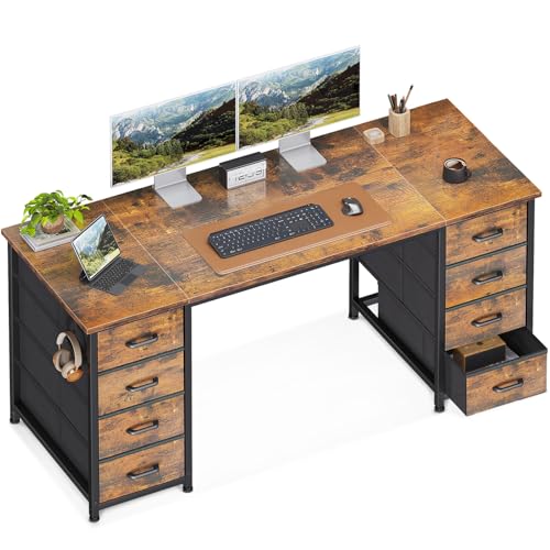 ODK 55 Inch Computer Desk with 8 Fabric Drawers, Modern Office Desk with Large Storage for Home Office, Study, Gaming, Vintage
