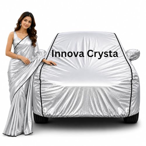 Image of 100% Waterproof Car Cover for Innova Crysta All Weather Protection with Mirror Pocket Inner Cotton Layer Triple Stitched Cover with Adjustable Belt Bottom Elastic to Secure Fit-Silver
