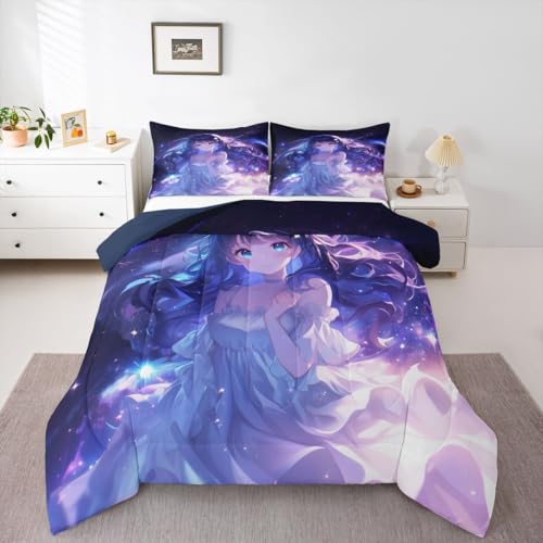 Image of Erosebridal Anime Girls Bedding Anime Gifts Comforter Set for Kids Purple 3D Galaxy Printing Bedding Sets, Cartoon Long Curly Hair Girly Printed Comforter Kids Kawaii Japanese Girl Bed Set, Queen