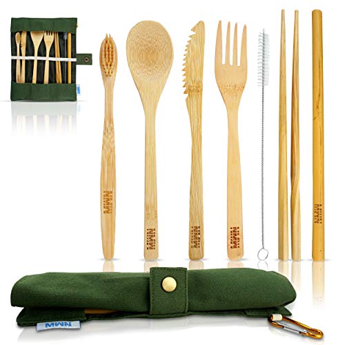Newman Ware Bamboo Utensils Set, 8-Piece Travel Utensil, Eco-Friendly Bamboo Cutlery Set, Lightweight, Compact, Portable and Reusable Utensils with Case - Wooden Kitchen Kit