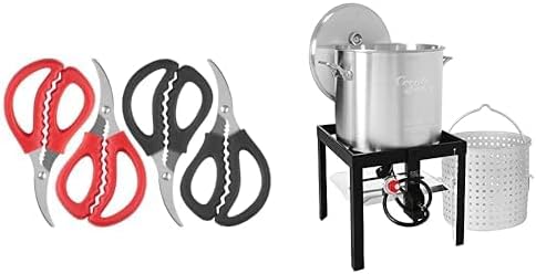 Creole Feast 4-Piece Seafood Scissors Set with 100 Qt Seafood Boiling Kit - Stainless Steel Seafood Shears and Outdoor Boil Pot with 100,000 BTU Propane Burner
